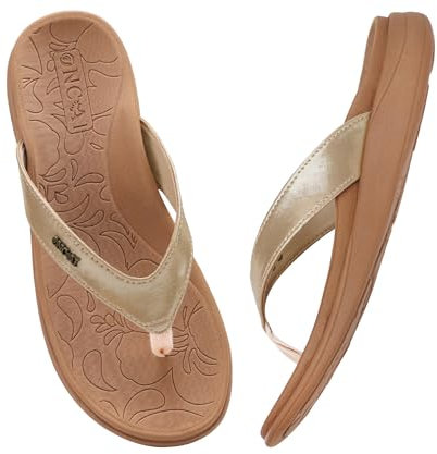 ONCAI Orthotic Flip Flops for Women,Comfortable Strap Arch Support Summer Beach Flip Flops with Soft Cushion Yoga Foam Rubber Soles Gold Size 6