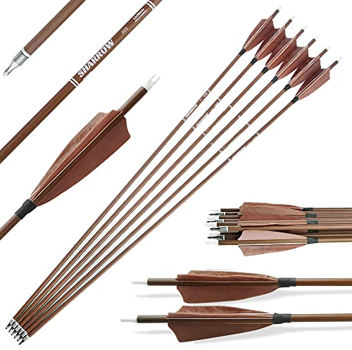 AMEYXGS 6/12x Bogenschießen Carbon Pfeile 31inch Jagdpfeile 340/400/500/600 Spine mit 4 Truthahnfedern Bogenpfeile für Recurve Compound Traditionelle Bogen Praxis (6, Braun, Spine 500)