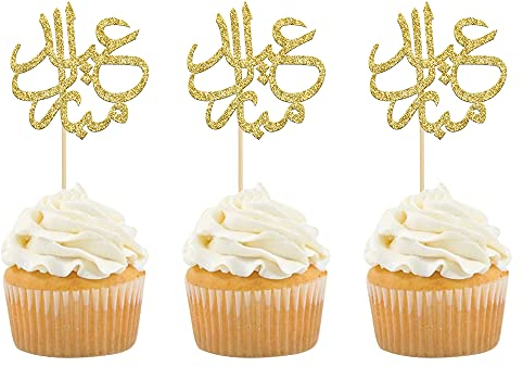 Gyufise 24Pcs Gold Glitter Eid Mubarak Cupcake Toppers Arabic Happy Eid Ramadan Kareem Cake Decorations Islamic Muslim Party Supplies Decorations