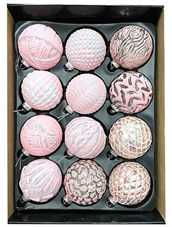 12 Set Glas Weihnachtskugeln Ø 6 cm Handbemalt Christbaumkugeln Weihnachtsbaumkugeln Echtglas Weihnachtsbaumschmuck (Rosa)