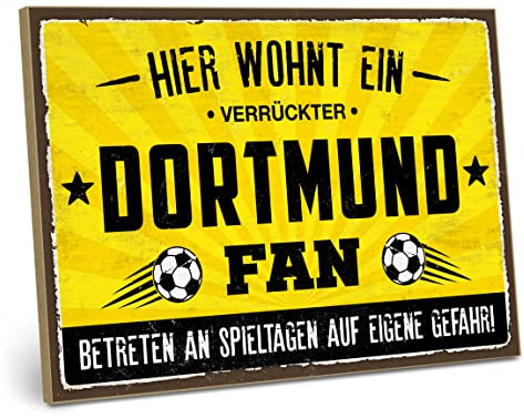ARTFAVES® Wandbild Holzschild mit Spruch - Hier wohnt ein verrückter DORTMUND Fan - Türschild Retro Vintage Deko Bild Geschenk - Fussball, Borussia