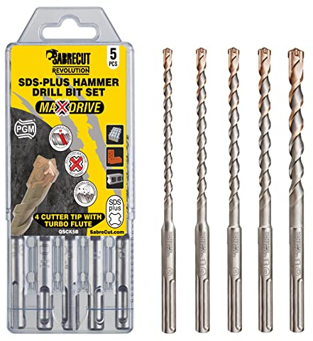 5 x SabreCut QSCK5B 5.5mm 6mm 6.5mm 8mm 10mm x 160mm Quattro PGM Approved Full Carbide 4 Cutter Tip Vortex Flute SDS Plus Drill Bit Mix Kit for Stone Concrete Brick Block
