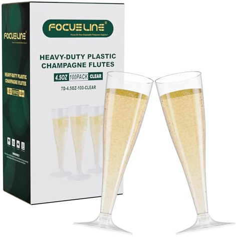 FOCUSLINE 100 Pack 4.5 oz Clear Plastic Champagne Flutes, Toasting Glasses