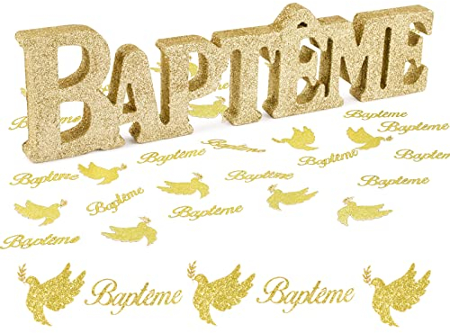 BETESSIN Lot de Décoration Table Baptême en Or Pailleté - 1pc Centre Table Baptême en Bois et 50pcs Confettis -Décoration Baby Shower Garçon Fille