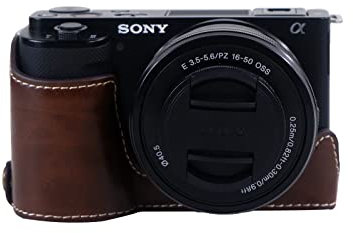 Rieibi ZVE10 Case - Quality PU Leather Half Case for Sony ZV-E10 Mirrorless Digital Camera - Grip Protective Case for Sony ZVE10 - Coffee