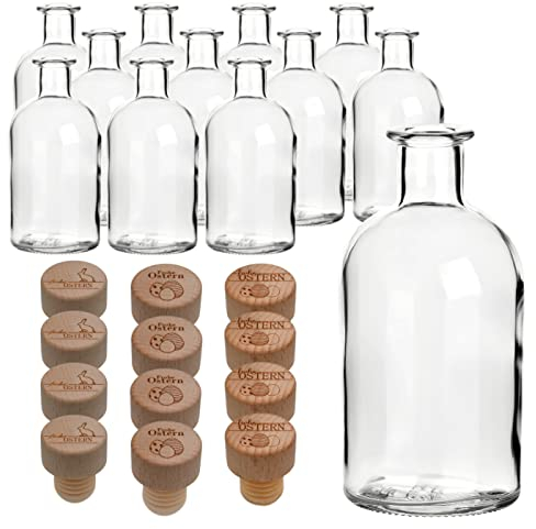 gouveo 12er Set Glasflasche 250 ml Apotheker mit Holzgriffkorken Frohe Ostern Mix - Leere Flasche mit Korken zum Befüllen Apothekerflaschen, Likörflaschen, Deko-Flaschen