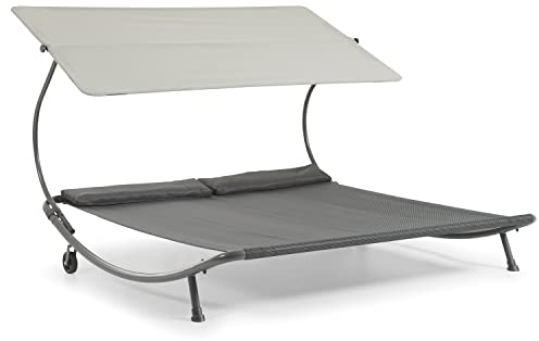 LECO Stella Gartenliege mit lichtgrauem Sonnendach für Zwei Personen - wetterfest - Gestell Anthrazit, ca. 200x202x157 cm