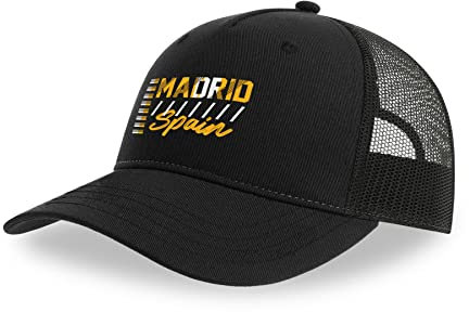 Madrid Capital of Spain Baumwolle Trucker Cap Curved Visor Netback Hat Atmungsaktives Mesh Sport Top, Schwarz , One size