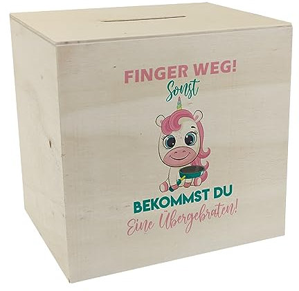 Finger Weg Einhorn Spardose aus Holz Du bekommst eine Übergebraten in weiß EIN buntes Sparschwein für Kinder zum Geburtstag Einhorn Fabelwesen Sparbüchse Fantasy lustig