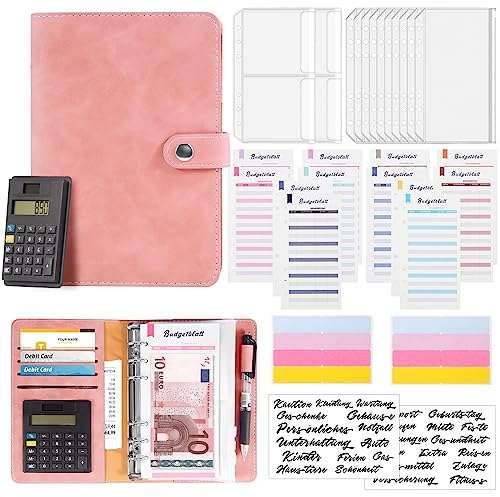 A6 Budget Binder mit Taschenrechner Budget Planner Deutsch, Lederbudget Binder Geld Organizer mit 12 Bargeldumschlägen und Budgetblättern (Hellrosa)