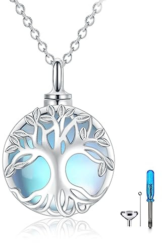 JERWLI Baum des Lebens Urn Halsketten für Asche 925 Sterling Silber Mondstein Baum des Lebens Einäscherung Schmuck für Asche Memory Schmuck für Frauen Männer