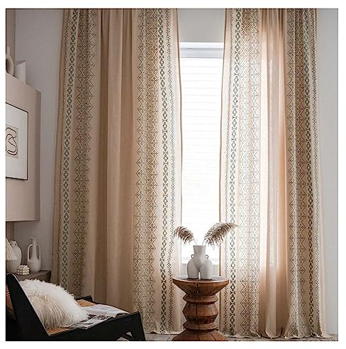 ANAZOZ Vorhänge Schlafzimmer Modern 2er Set, Voile Moderne Gardinen Wohnzimmer Baumwolle 140x275cm Uni Beige mit Geometrischem Muster