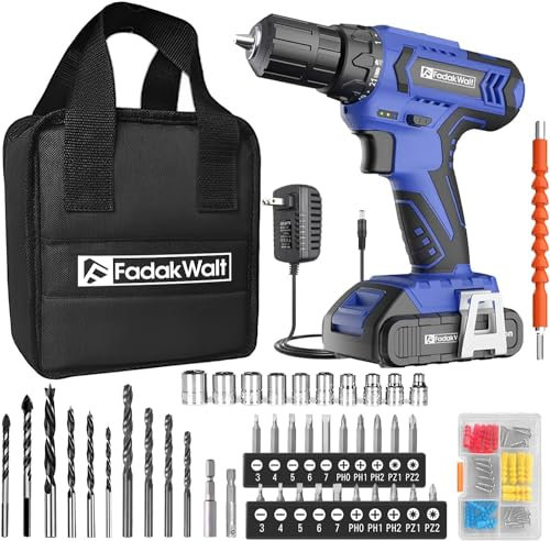 FADAKWALT Power Cordless Drill Driver, 20V Cordless Drill and Screwdriver Set, 70 Pcs Electric Combi Drill Kit 21+1 Torque, DIY Accessory Set, 2 Variable Speeds, Suitable for Wood, Metal