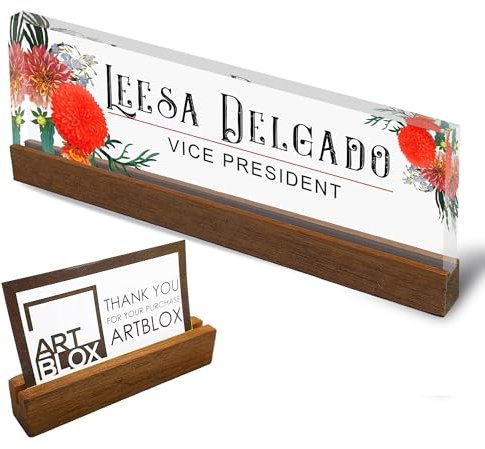 Artblox Porte-nom personnalisé pour bureau et porte-cartes de visite | Verre acrylique transparent avec support en bois de teck | Motif fleurs d'automne personnalisées avec votre nom et vos