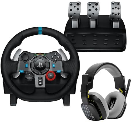 Logitech G29 Driving Force Racing Wheel and Pedals, Force Feedback, Real Leather + ASTRO A10 Gen 2 Wired Headset, Sim Steering Wheel, Pedals and Gaming Headset - For PS5, PS4, PC, Mac - Black