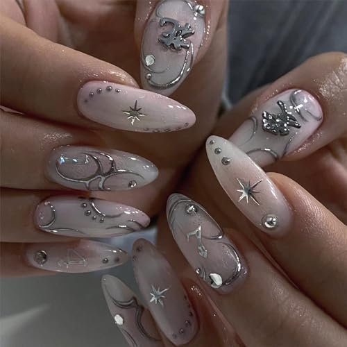 24pcs Medium Almond False Nails, White Stick on Nails Silver Star Rhinestone Press on Nails Removable Glue-on Nails Acrylic Gothic Fake Nails Women Girls Nail Art Accessories