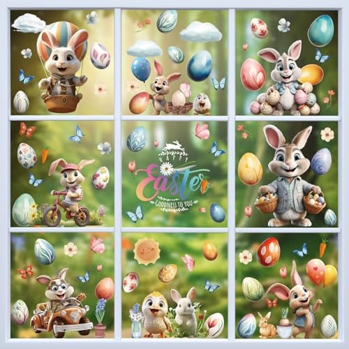 Hianjoo Fensterbilder Ostern Selbstklebend, Ostern Fenstersticker Wiederverwendbare, Hase Ostereier Fensterdeko, Fensterdekoration Ostern für Kinderzimmer