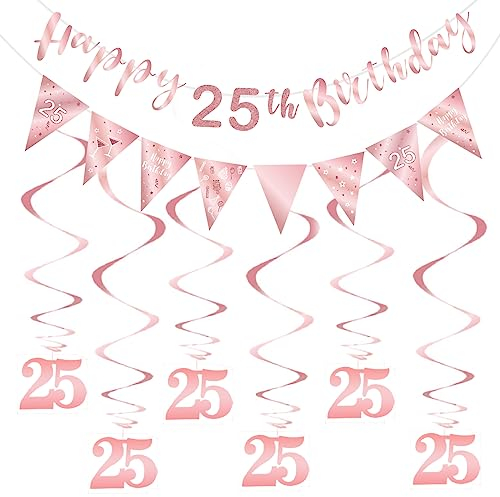 Rose Gold 25th Birthday Decoration Kit - Happy Birthday Banner, Streamers & Triangle Flags