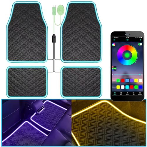 Auto-Fußmatten mit LED-Lichtstreifen, universelle Passform, schwarzer Autoteppich, Innenbeleuchtung, Fußmatten, App-Steuerung, Kunstleder, rutschfest, wasserdicht, Neon-Auto-Dekor-Zubehör für SUV,