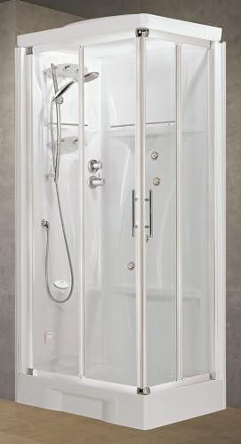 Novellini New Holiday A80 Hammam 80x80 cm Cabina Doccia Multifunzione Apertura Scorrevoli Miscelatore Meccanico Vetro Trasparente Profilo Bianco Reversibile Idromassaggio Sauna Asta Altezza 225,5 cm