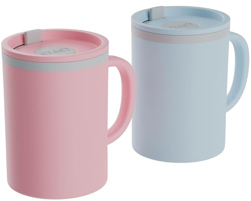 Copco Iconic 16oz Double Wall Insulated Desk Mug with Lid and Handle, Set of 2, BPA-Free Reusable Plastic, Spill-Proof, Microwave & Dishwasher Safe, Wide Mouth, Cup Holder Friendly (Light Blue/Pink)