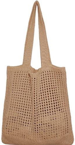 WantGor Häkeltaschen, Strand Mesh Tragetasche Damen Umhängetasche Einkaufstasche Lässige Reisetaschen Tasche faltbar Hobo Taschen (Braun)