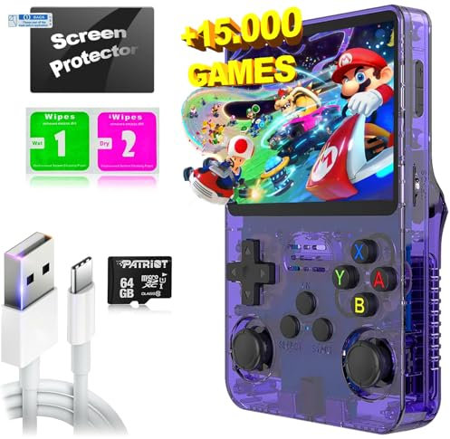 SVP Formats R36S Console de jeux portable rétro 64 Go avec 15 000 jeux + 26 émulateurs PS1, PSP, N64, NDS, SuperN, GameB, GBA - Linux IPS 3,5 (Violet T., 64 Go (jeux 15K)