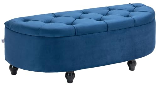 HOMCOM Aufbewahrungsbank gepolstert Halbkreis 120x46x42 cm Blau | Design-Truhe, Fußende Bett, Samtbezug, Gummiholzbeine, für Wohnzimmer, Schlafzimmer, Eingang