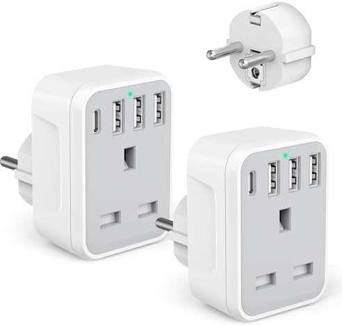 2 Pcak European to UK Plug Adaptor with 4 USB Ports(1 USB C), UK to EU Euro European Plug Adapter Grounded for Germany Spain France Iceland Greece Poland Netherlands Austria Turkey, etc (Type E/F)