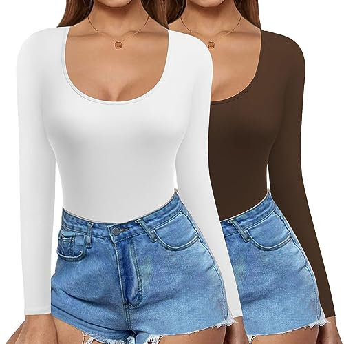 Ekouaer Thermal Tops Women's Basic Long Sleeve Crop Top, Slim Fit, Casual, White+Coffee, XXL