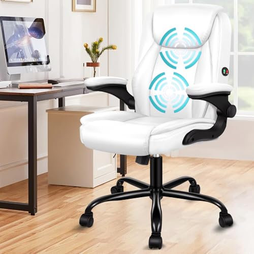 ALFORDSON Ergonomischer Massage BüRostuhl Mid Back Mit Klappbarer Armlehne, Studienstuhl Mit SGS Gas-Lift, Gaming Stuhl FüR Computer Arbeitstisch, Max Belastung 150kg, PU-Leder, Weiß