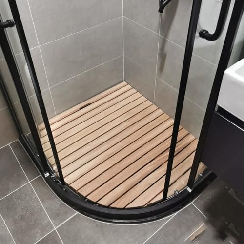 Badematte Holz Gebogene Badezimmermatte aus Holz für Drinnen und Draußen, Große Schwere Badematte aus Holz für Bequeme Füße, 70x70 80x80 90x90 Schnelltrocknende Rutschfeste Duschmatte(80cmx80cm(31.5in