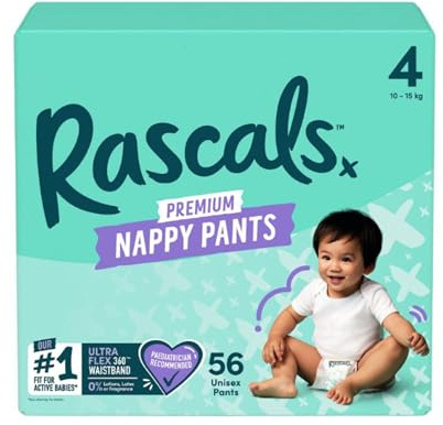 Rascals Premium Trainings-Baby-Windelhose – einfaches Pull-Up-Design, weiche und bequeme Windelhose, Größe 4, Ultra Flex 360 Bund, 10–15 kg, 56 Stück