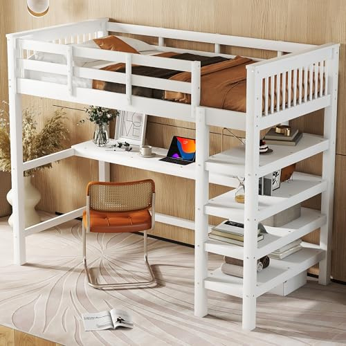 Kebnor 90 * 200cm Hochbett, Kinderhochbett mit Ablagefächern und Unterbettschreibtisch,Ohne Matratze (Weiß)