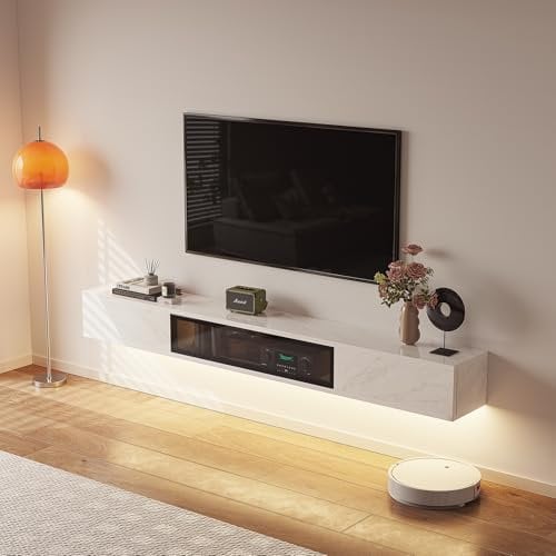 Artifyshore High Gloss Floating TV Unit Wall Mounted TV Cabinet, 120CM Under TV Floating Stand, Entertainment Shelf with 3 Doors for Living Room Bedroom White