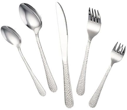 Homikit Besteck Set, 60-teilig Besteckset für 12 Personen, Edelstahl Gehämmertes Tafelbesteck, Essbesteck mit Messer Gabel Löffel für Familie Party Restaurant, Rundrandgriff & Spülmaschinengeeignet