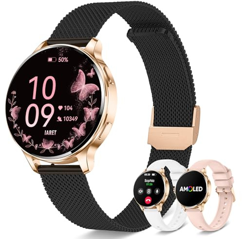Iaret Smartwatch Donna con 3 Cinturini, Orologio 1,27 AMOLED Always-On con Chiamate Bluetooth, 120+ Modalità Sportive, SpO2/Cardio/Sonno, Fitness Tracker per Android iOS, Oro Nero - Idea Regalo