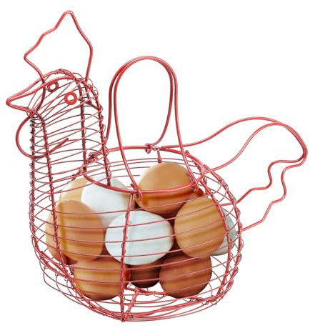 Hühnerförmiger Draht-Eierkorb – 24 Eier Aufbewahrung, Rustikaler Metall Obst- & Gemüseorganizer, Farmhouse Küchendeko, 33x20x25 cm (Rot)