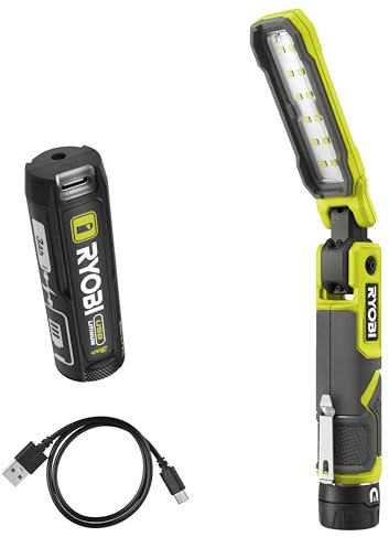 RYOBI - Lampe de travail 4V USB Lithium - 3 intensités : 500/250 / 100 Lumens - Base magnétique - Livrée avec câble USB-C + batterie 3Ah (Powerbank - recharge les téléphones)