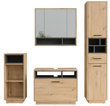 Vicco Badmöbel-Set Beatrice, Artisan Eiche/Anthrazit, 80 cm | besteht aus Waschbeckenunterschrank, Spiegelschrank, Hochschrank und Midischrank