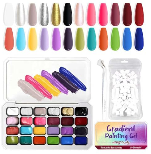 U-Shinein 24 Colors Gradient Painting Gel, With Sponges & Grabber, Set A | 24 Colors Ombre Gel Nail Polish,with 100Pcs Sponges & Metal Grabber, for Ombre Nails Aura Nails, French Manicure DIY Nail Art