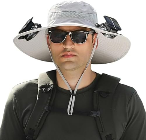 Wide Brim Solar Fan Hat, Hat with Fans Solar Power for Men Women, Solar & USB Charging Sombrero Con Ventilador Solar(Light Gray)