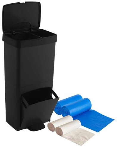 Pack Cubo de basura o reciclaje 70L en NEGRO, VERTICAL, 2 Compartimentos, Papelera residuos, 76 cm, INCLUYE bolsas de basura adaptadas 30+10L