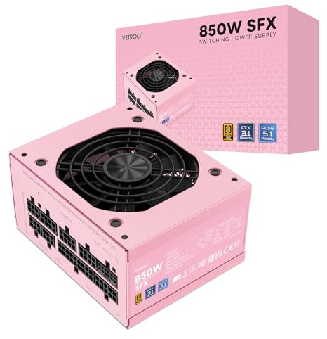 Vetroo 850W SFX Power Supply ATX 3.1 & PCIE 5.1 Ready, 80 Plus Gold Certificate Fully Modular, 90mm FDB Fan for Low-Noise Operation, SFX-to-ATX Bracket, 10-Year Warranty - Pink