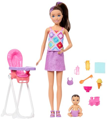 Barbie Skipper Babysitters Inc. Spielset mit brünetter Pferdeschwanz-Puppe | Brünette Babypuppe, Hochstuhl und 8 Zubehörteile inkl. Essen, JJB44