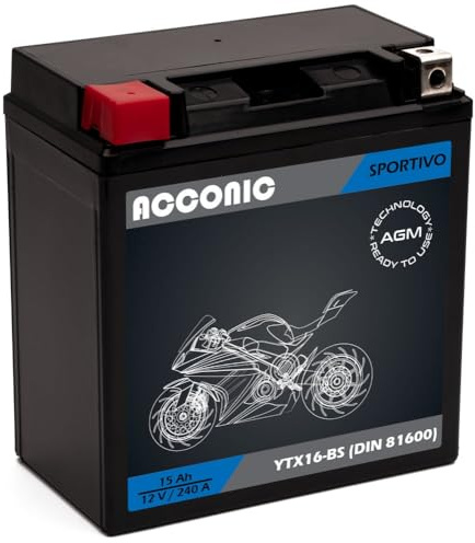 ACCONIC Sportivo AGM YTX16-BS Motorradbatterie 15Ah 12V 240A DIN 81600 Maße: 150 x 87 x 161 mm ideal für Roller, Moped, Quad & Motorrad – wartungsfrei, & auslaufsicher
