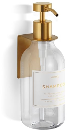 Shampoo & Conditioner Dispenser - Shower Soap Dispenser Wall Mounted - 500 ml Plastic Bottle with Pump & Holder - Shampoo Dispenser - Shower Dispenser Chamber No Drill (1 X Clear/Gold)