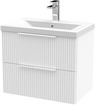 Balterley Vanity Unit with Basin Wall Hung, 2 Drawer Soft Close with Mid Edge Sink and Handles, Bathroom Vanity Units with Basin, Fluted Front Sink Cabinet - 610 x 390 x 540mm (White)