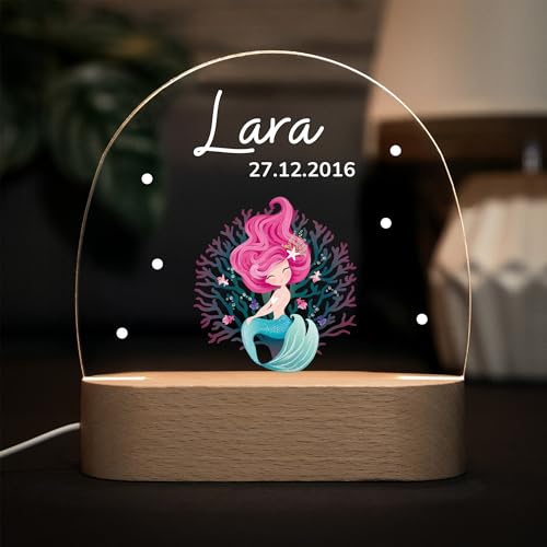 LARIFEE Nachtlicht Meerjungfrau Korallen mit Name – Personalisiertes LED Nachtlicht für Kinder – Lampe aus Acrylglas & Holz, dimmbar – Geschenk zur Geburt oder Taufe