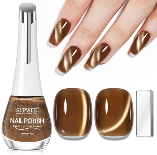 SUPWEE Cat Eye Nagellack mit Magnet, Braun Quick Drying Magnet Nagellack | 16ML Holographisch Cat Eye Nail Polish High Gloss Fast Lacquer für Maniküre DIY Nageldesign zu Hause